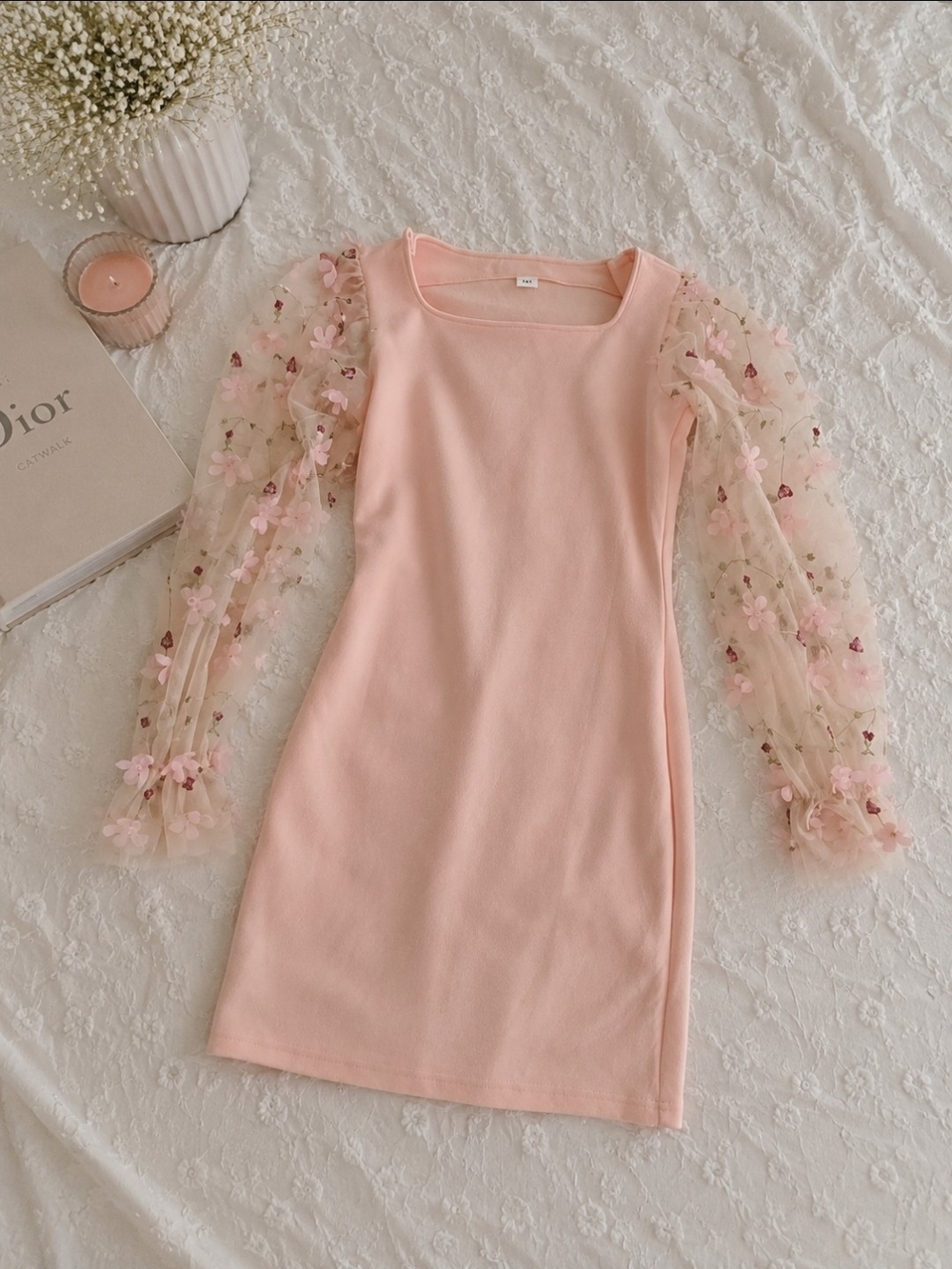 Blush Pink Floral Mesh Sleeve Mini Dress